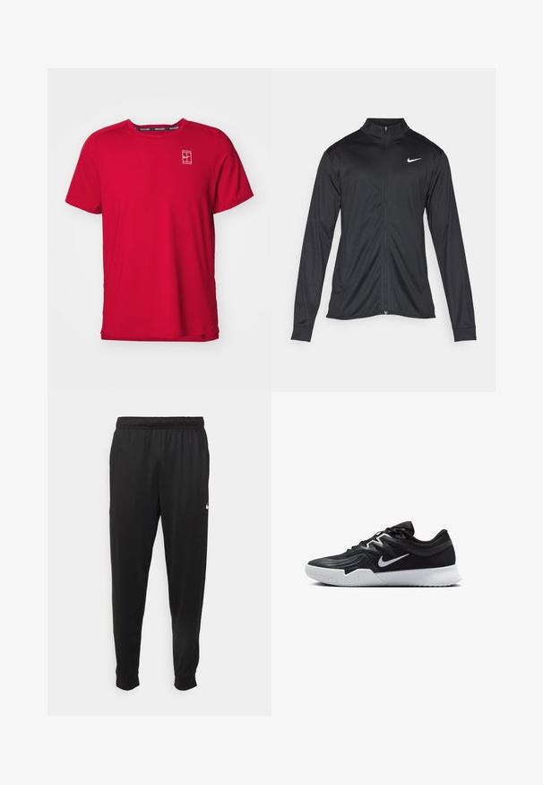 Svart idrettsjakke med lange ermer, krage og full glidelås. Har en subtil Nike-logo i hvitt på øvre venstre bryst. Glatt tekstur.; Rød T-skjorte med kort erme laget av teksturert stoff. Har en hvit logo på venstre bryst og en kontrastfarget svart halslinning.; Svarte treningsbukser laget av glatt stoff, med elastisk midje, smale ben og en liten hvit logo på venstre side.; Svart treningssko med teksturert overdel, hvit Nike-swoosh og hvit gummisåle. Har snøring og en dynamisk form.