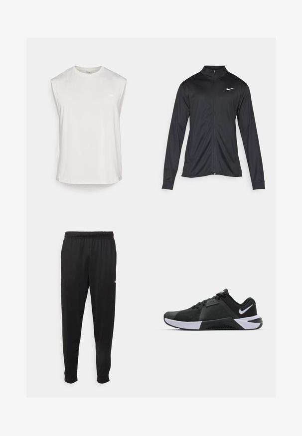 Zwarte sportjack met lange mouwen, kraag en volle rits. Voorzien van een subtiele Nike-logo in het wit op de bovenste linkerborst. Soepele textuur.; Mouwloos wit atletisch tanktop met een ronde hals, lichtgewicht stof, subtiele textuur en een klein logo op de linkerkant van de borst.; Zwarte sportbroek gemaakt van gladde stof, met een elastische tailleband, taps toelopende pijpen en een klein wit logo aan de linkerzijde.; Nike Performance METCON 10 - Trainingsschoen - black/white/anthracite