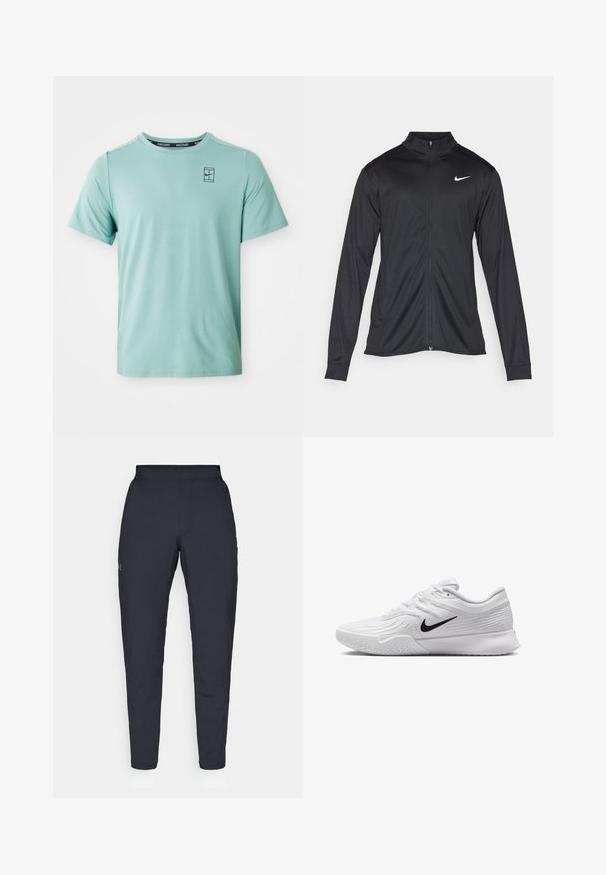 Černá sportovní bunda s dlouhými rukávy, límcem a plným zipem. Má decentní bílou logo značky Nike na horní levé části hrudi. Hladká textura.; Světle zelené, krátké sportovní tričko s kulatým výstřihem, má jemnou texturu a malé černé logo Nike na hrudi.; Černé sportovní kalhoty s hladkou texturou, slim fit, elastickým pasem a bočními kapsami. Na levém stehně je umístěno malé logo.; Bílá sportovní obuv s texturovaným síťovaným svrchním materiálem, černým logem Nike, polstrovaným límcem a gumovou podrážkou s vzorkem na běhání.