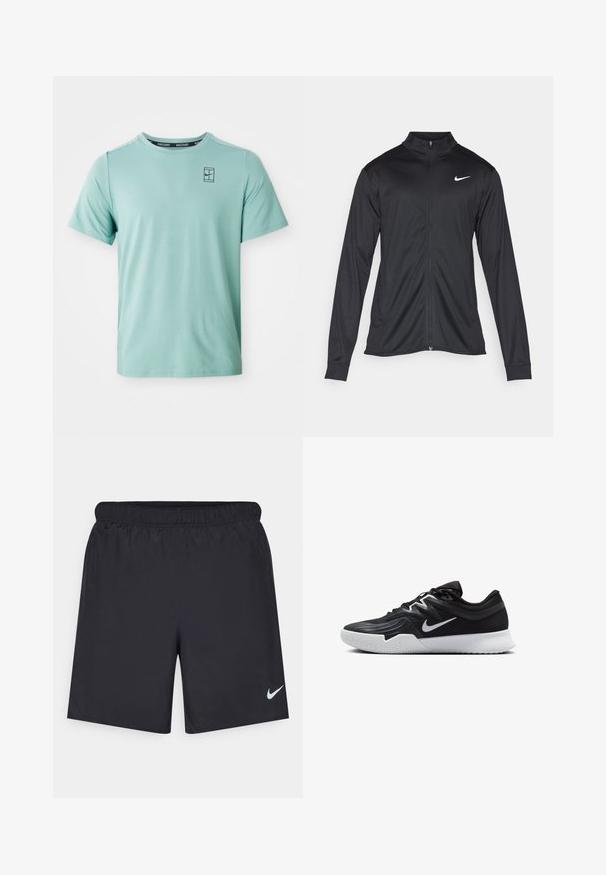 Must värvi sportlik jakk pikkade varrukatega, krae ja täispikk tõmblukk. Ülemises vasakus rinnas on diskreetne valge Nike logo. Sile tekstuur.; Hele rohelise, lühikeste varrukatega spordit-särk ümarate kaelustega, millel on õrn tekstuur ja väike must Nike logo rinnal.; Mustad mustikud lühikesed püksid, mis on valmistatud kergest materjalist ja millel on elastne vöökoht. Alumisel vasakul küljel on väike valge Nike logo.; Must mustad jalanikesad rikaste ülaservaga, valge Nike swoosh'i ja valge kummist välispõhjaga. Omab paeltega sulgemisdetaili ja dünaamilist kuju.