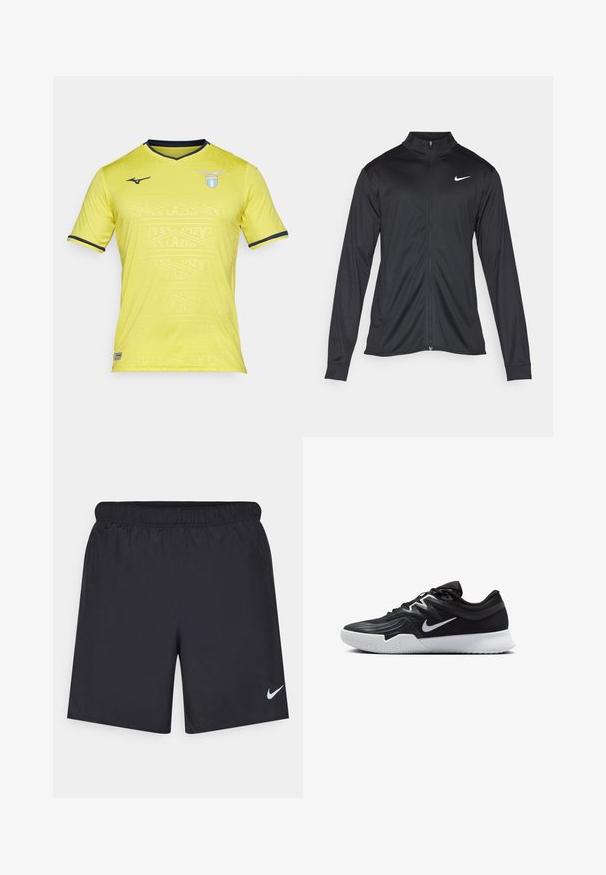 Must värvi sportlik jakk pikkade varrukatega, krae ja täispikk tõmblukk. Ülemises vasakus rinnas on diskreetne valge Nike logo. Sile tekstuur.; Kollane lühikeste varrukatega jalgpallipluus V-kaelusega, millel on peen muster ja tumehallid aktsendid. SS Lazio logo vasakul rinnal.; Mustad mustikud lühikesed püksid, mis on valmistatud kergest materjalist ja millel on elastne vöökoht. Alumisel vasakul küljel on väike valge Nike logo.; Must mustad jalanikesad rikaste ülaservaga, valge Nike swoosh'i ja valge kummist välispõhjaga. Omab paeltega sulgemisdetaili ja dünaamilist kuju.