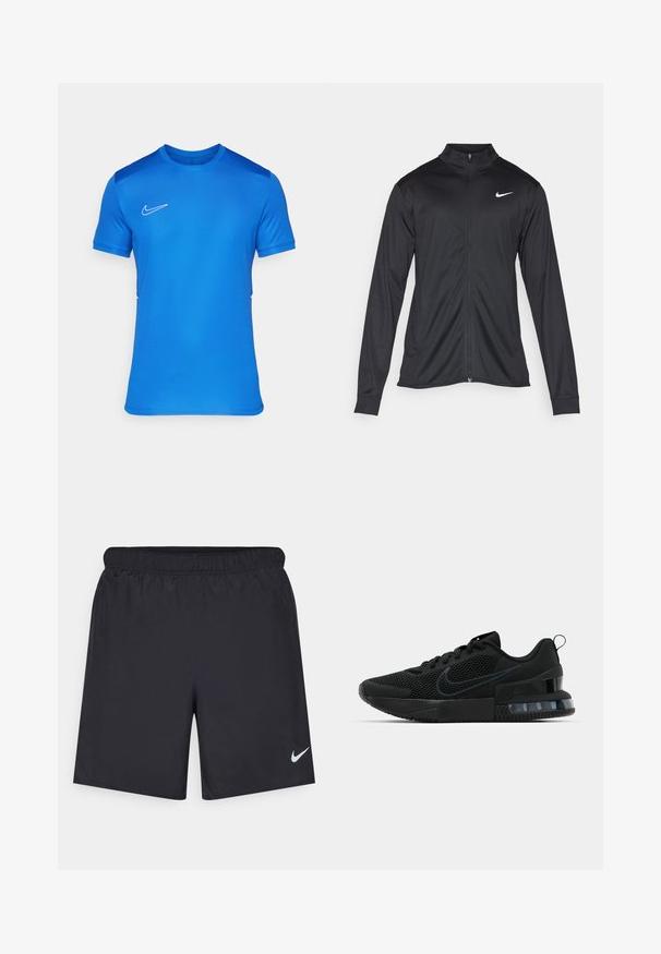 Must värvi sportlik jakk pikkade varrukatega, krae ja täispikk tõmblukk. Ülemises vasakus rinnas on diskreetne valge Nike logo. Sile tekstuur.; Sinine spordipusa kerge kangaga, lühikeste varrukatega, ümar kaelus ja valge Nike logo rinnal. Sile tekstuur.; Mustad mustikud lühikesed püksid, mis on valmistatud kergest materjalist ja millel on elastne vöökoht. Alumisel vasakul küljel on väike valge Nike logo.; Must must Ameerika must must must must must must must