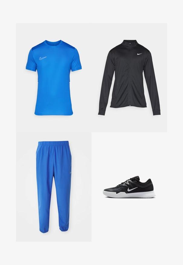 Musta urheilutakki pitkillä hihoilla, kauluksella ja kokonaisella vetoketjulla. Täydentää hienovarainen Nike-logo valkoisena vasemmassa ylärinnassa. Litteä pinta.; Sininen urheilupaita kevyestä kankaasta, jossa on lyhyet hihat, pyöreä pääntie ja valkoinen Nike-logo rinnassa. Sileä pinta.; Siniset urheiluhousut, joissa on joustava vyötärö, suora lahjesuunnittelu ja kapenevat lahkeet. Oikealla puolella on kultainen Nike-logo.; Musta urheilukenkä, jossa on teksturoitu päällinen, valkoinen Nike-tikkaus ja valkoinen kumipohja. Kenkässä on nauhakuji ja dynaaminen muoto.