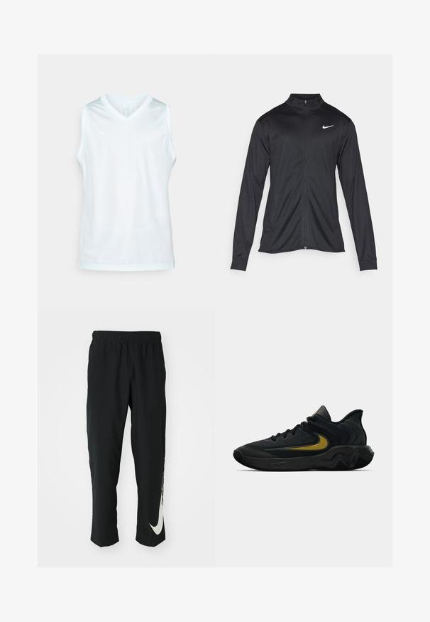 Čierna športová bunda s dlhými rukávmi, golierom a plným zipsom. Obsahuje nenápadné logo Nike v bielej farbe na hornej ľavej hrudi. Hladká textúra.; Nike Performance DNA - Top - glacier blue/white; Čierne športové nohavice s elastickým pásom, zúžený strih, s veľkým bielym logom Nike na ľavom stehne. Mäkká, ľahká tkanina.; Čierna a tmavošedá športová obuv s čiernymi šnúrkami a zlatým logom v tvare klíča, s vlnitým dizajnom podrážky a polstrovaným golierom na päte.