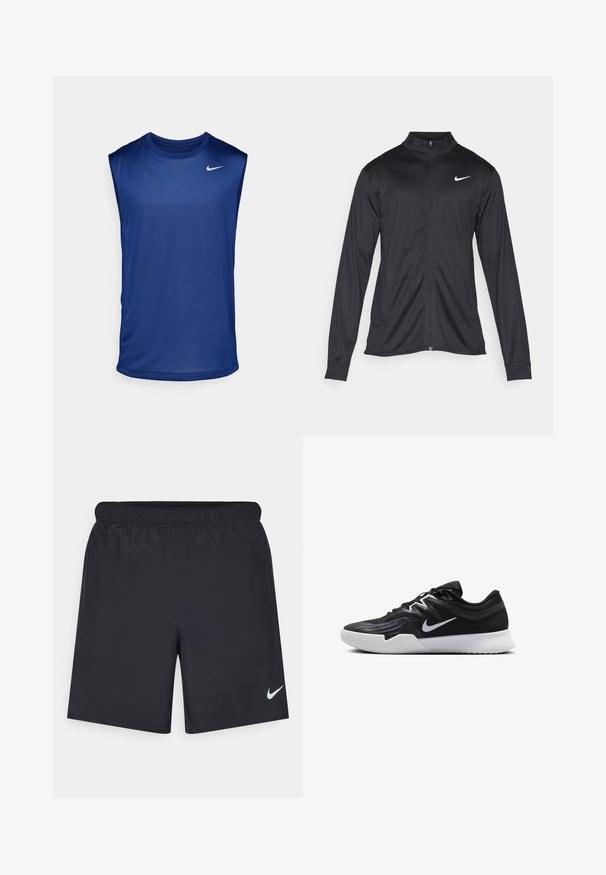 Czarna sportowa kurtka z długimi rękawami, kołnierzem i pełnym zamkiem. Posiada subtelne logo Nike w białym kolorze na lewej górnej części klatki piersiowej. Gładka tekstura.; Nike Performance - Top; Czarne spodenki sportowe wykonane z lekkiego materiału, z elastycznym pasem. Posiadają małe białe logo Nike na dolnej lewej stronie.; Czarne buty sportowe z teksturowaną cholewką, białym logo Nike i białą gumową podeszwą. Charakteryzują się sznurowanym zapięciem i dynamicznym kształtem.