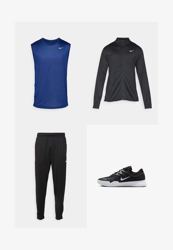 Svart idrettsjakke med lange ermer, krage og full glidelås. Har en subtil Nike-logo i hvitt på øvre venstre bryst. Glatt tekstur.; Nike Performance TEE RESET - Topper - blue void/matte silver; Svarte treningsbukser laget av glatt stoff, med elastisk midje, smale ben og en liten hvit logo på venstre side.; Svart treningssko med teksturert overdel, hvit Nike-swoosh og hvit gummisåle. Har snøring og en dynamisk form.