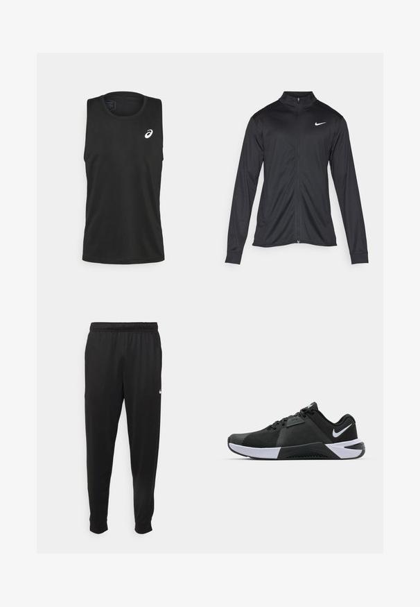 Must värvi sportlik jakk pikkade varrukatega, krae ja täispikk tõmblukk. Ülemises vasakus rinnas on diskreetne valge Nike logo. Sile tekstuur.; ASICS CORE SINGLET - Topp - performance black; Mustad mustekad athletic-püksid sujuvast kangast, elastse vöökoha, kitsenevate jalgade ja väikese valge logoga vasakul küljel.; Nike Performance METCON 10 - Treeningjalatsid - black/white/anthracite