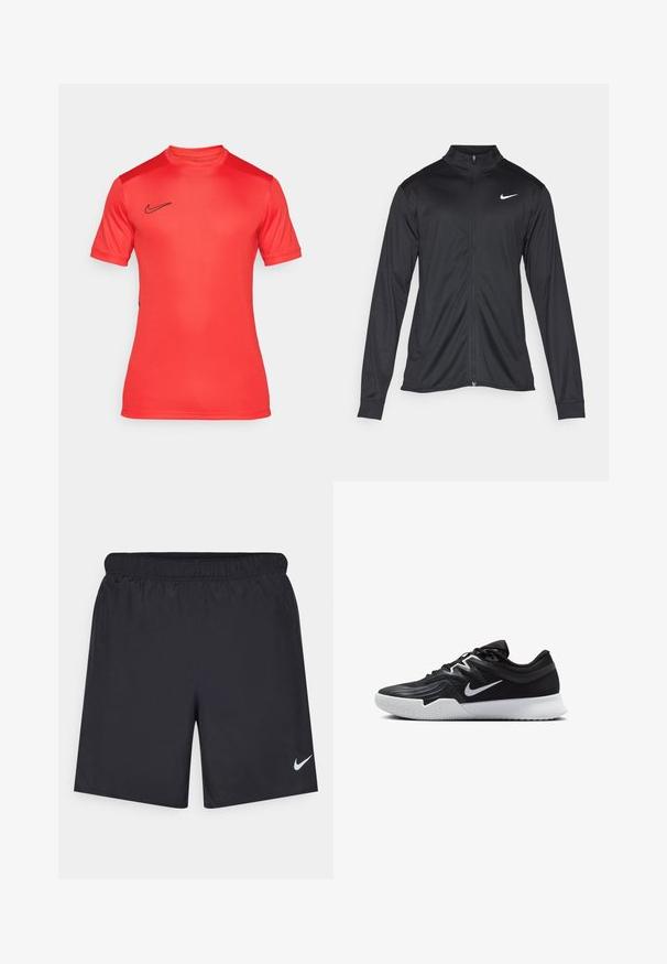 Crna sportska jakna s dugim rukavima, ovratnikom i punim patentnim zatvaračem. Ima suptilan Nike logo u bijeloj boji na gornjem lijevom dijelu prsne oznake. Glatka tekstura.; Crvena Nike sportska majica kratkih rukava, okruglog izreza, s crnim logom na prsima. Izrađena od glatkog, rastezljivog materijala.; Crne atletske kratke hlače od laganog materijala s elastičnom tačkom. Imaju mali bijeli Nike logo na donjoj lijevoj strani.; Crna sportska cipela s teksturiranim gornjim dijelom, bijelim Nike swooshom i bijelim gumennim potplatom. Ima dizajn s vezanjem i dinamičan oblik.
