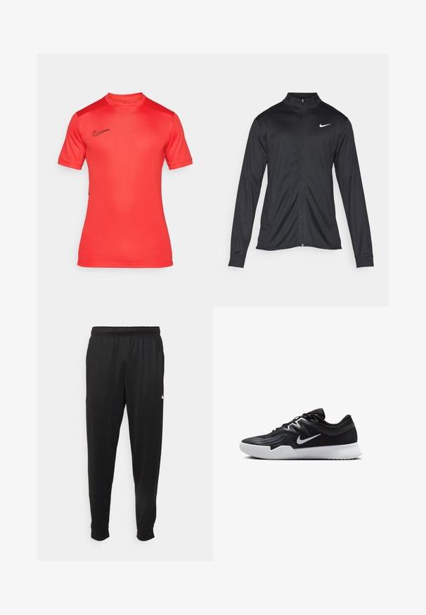 Černá sportovní bunda s dlouhými rukávy, límcem a plným zipem. Má decentní bílou logo značky Nike na horní levé části hrudi. Hladká textura.; Červené sportovní tričko Nike s krátkým rukávem, kulatým výstřihem a černým logem na prsou. Vyrobeno z hladkého a elastického materiálu.; Černé sportovní kalhoty vyrobené z hladké tkaniny, s elastickým pasem, zúženými nohavicemi a malým bílým logem na levé straně.; Černá atletická bota s texturovaným svrškem, bílým logem Nike a bílou gumovou podrážkou. Disponuje šněrovacím designem a dynamickým tvarem.