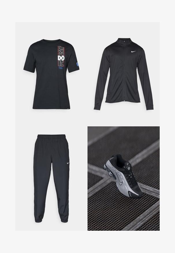 Svart idrettsjakke med lange ermer, krage og full glidelås. Har en subtil Nike-logo i hvitt på øvre venstre bryst. Glatt tekstur.; Svart bomull t-skjorte med korte ermer. Har iøynefallende vertikal tekst "JUST DO IT!" i rødt og hvitt, samt en blå logo på ermet.; Svarte joggebukser laget av lett stoff med elastisk midje, ankelmanchetter og en diskret Nike-logo på venstre side.; Nike treningssko med svart og sølv design. Laget av syntetisk materiale med mesh-detaljer og en støttende såle med synlig luftpute.