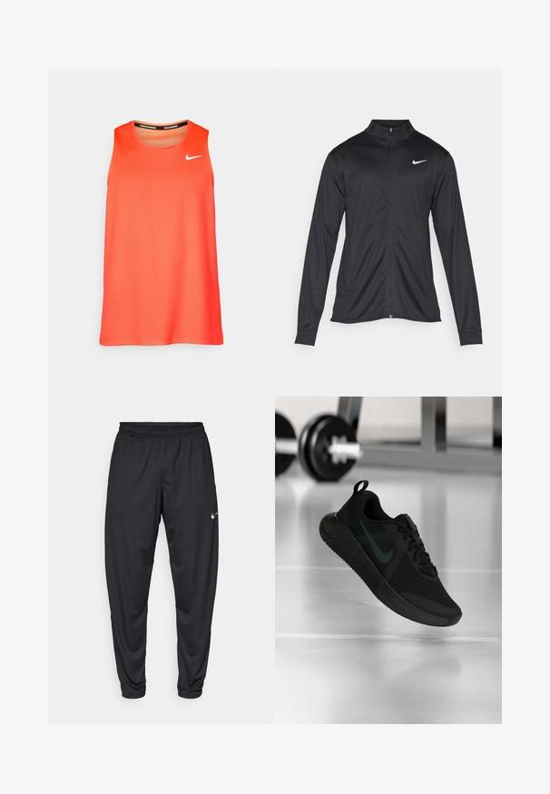 Svart idrottsjacka med långa ärmar, krage och full dragkedja. Har en diskret Nike-logga i vitt på övre vänstra bröstet. Slät yta.; Klart orange ärmlös Nike löptopp med vit swoosh-logotyp på bröstet och "Nike Running" text inuti kragen.; Svarta träningsbyxor med elastisk midja, smalnande ben och en liten vit Nike-logga på vänster lår. Slät tyg, utan mönster.; Svart sportskor med texturerad mesh-ovandel, gummisula och en framträdande mörk swoosh-logotyp. Har vadderad krage och snörningsdesign.