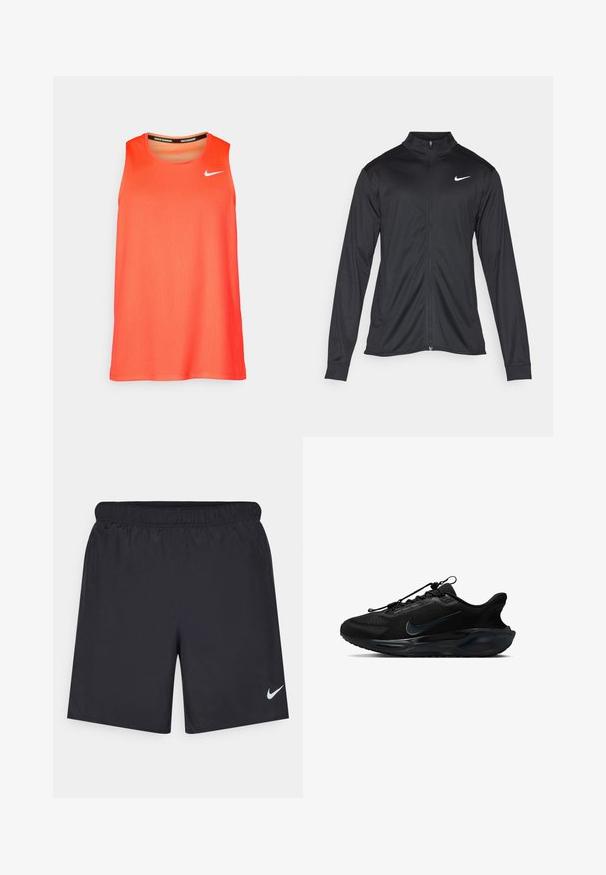 Melna sporta jaka ar garām piedurknēm, apkakli un pilnu rāvējslēdzēju. Uz kreisā krūts augšdaļas ir maigs Nike logo baltā krāsā. Gluda tekstūra.; Spilgtas oranžs bez piedurknēm Nike skriešanas krekls ar baltu swoosh logo uz krūtīm un "Nike Running" tekstu kakla iekšpusē.; Melnas sporta šorti, izgatavoti no viegla materiāla, ar elastīgu jostu. Uz apakšējā kreisā stūra ir neliels balts Nike logo.; Melnas sporta kurpes ar teksturētu sietu augšdaļu, glātivām detaļām un izteiktu Nike logotipu. Aprīkotas ar mīkstu zoli un elastīgām auklām.