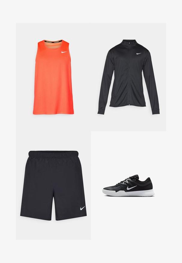 Crna sportska jakna s dugim rukavima, ovratnikom i punim patentnim zatvaračem. Ima suptilan Nike logo u bijeloj boji na gornjem lijevom dijelu prsne oznake. Glatka tekstura.; Svijetlo narančasti bez rukava Nike majica za trčanje s bijelim Swoosh logom na prsima i natpisom "Nike Running" unutar ovratnika.; Crne atletske kratke hlače od laganog materijala s elastičnom tačkom. Imaju mali bijeli Nike logo na donjoj lijevoj strani.; Crna sportska cipela s teksturiranim gornjim dijelom, bijelim Nike swooshom i bijelim gumennim potplatom. Ima dizajn s vezanjem i dinamičan oblik.