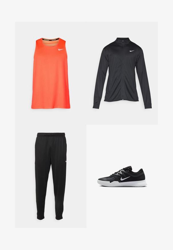 Jacket desportivo preto com mangas longas, colarinho e fecho zip completo. Apresenta um discreto logotipo da Nike em branco na parte superior do lado esquerdo do peito. Textura suave.; Top de corrida sem mangas da Nike na cor laranja brilhante, com o logo swoosh branco no peito e o texto "Nike Running" dentro da gola.; Calças de desporto pretas feitas de tecido suave, com uma cintura elástica, pernas ajustadas e um pequeno logo branco no lado esquerdo.; Sapatilha atlética preta com um cabedal texturizado, swoosh branco da Nike e uma sola de borracha branca. Apresenta um design com atacadores e uma forma dinâmica.