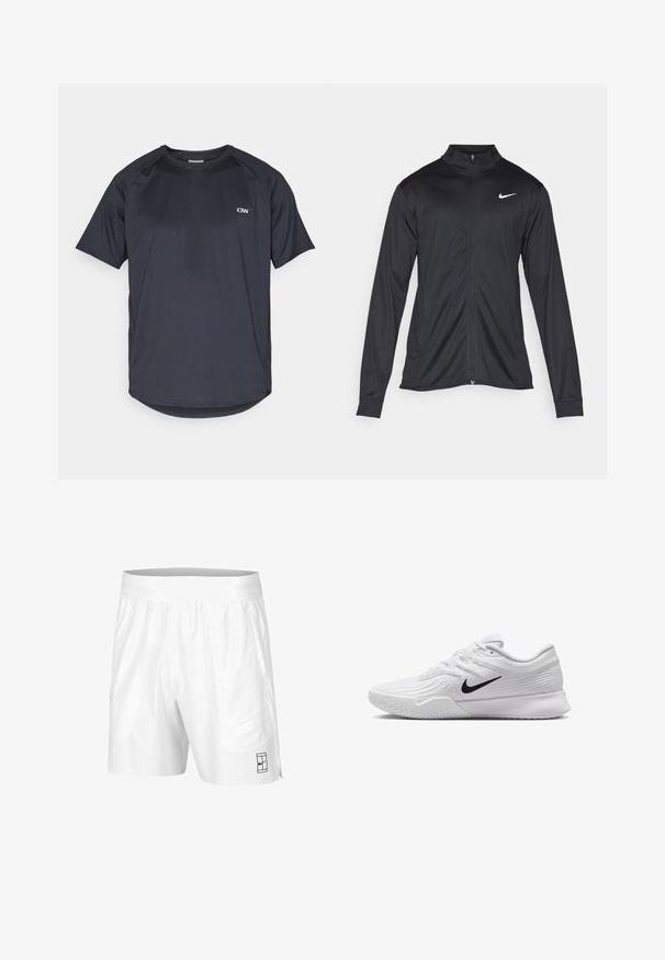 Fekete sportdzseki hosszú ujjal, gallérral és teljes cipzárral. Diszkrét fehér Nike logóval az upper bal mellen. Sima textúra.; Sötétszürke sportpóló, rövid ujjú, kerek nyakkivágással, könnyű, lélegző anyagból készült, finom hálós textúrával és logós díszítéssel.; Fehér sportnadrág rugalmas derékkal, két oldalsó zsebbel és egy kis fekete logó részlettel az alsó elején. Sima textúra.; Fehér sportcipő texturált hálós anyaggal a felsőrészen, fekete Nike swoosh-zal, párnázott mandzsettával és gumitalppal, amelynek mintázata van.