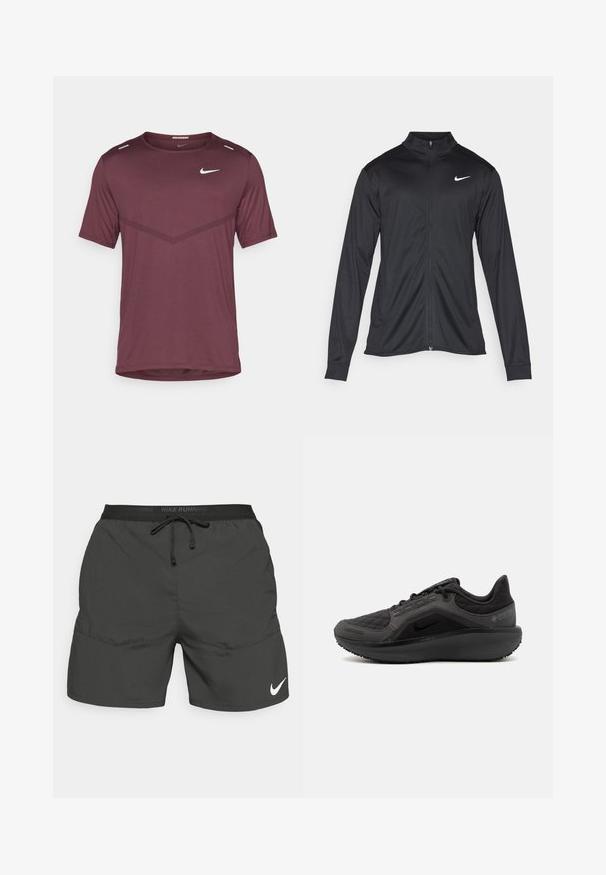 Fekete sportdzseki hosszú ujjal, gallérral és teljes cipzárral. Diszkrét fehér Nike logóval az upper bal mellen. Sima textúra.; Nike Performance RISE - Sportfelső - burgundy crush; Fekete futónadrág elasztikus derékpánttal, zsinórral, oldalsó zsebekkel és egy fehér Nike logóval a bal alsó lábszárnál.; Fekete sportcipő texturált, steppelt felsőrésszel, letisztult dizájnnal és fekete gumitalppal. Látható logójával és Gore-Tex felirattal rendelkezik.