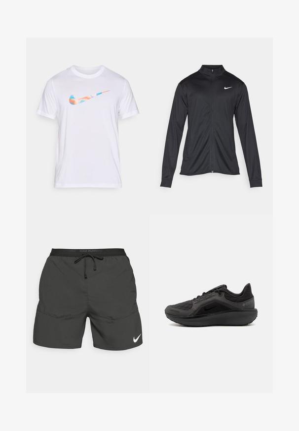Svart idrettsjakke med lange ermer, krage og full glidelås. Har en subtil Nike-logo i hvitt på øvre venstre bryst. Glatt tekstur.; Hvitt bomull t-skjorte med et flerfarget Nike-logo i oransje, blått og akvamarin. Korte ermer og rund hals design.; Sorte løpeshorts med elastisk midjebånd, snor, sidelommer og hvit Nike-logo nederst på venstre bein.; Svart atletisk sko med teksturert quiltet overdel, slank design og svart gummisåle. Har synlig logo og Gore-Tex-merke.