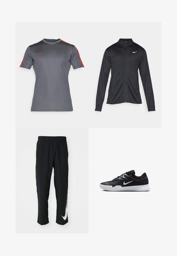 Jacket desportivo preto com mangas longas, colarinho e fecho zip completo. Apresenta um discreto logotipo da Nike em branco na parte superior do lado esquerdo do peito. Textura suave.; Nike Performance TOP  - T-shirt desportiva - iron grey/dragon red; Calças atléticas pretas com cintura elástica, design afunilado, apresentando um grande logótipo branco da Nike na perna esquerda. Tecido macio e leve.; Sapatilha atlética preta com um cabedal texturizado, swoosh branco da Nike e uma sola de borracha branca. Apresenta um design com atacadores e uma forma dinâmica.