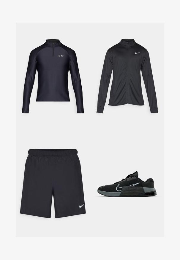 Jachetă sportivă neagră cu mâneci lungi, guler și fermoar complet. Prezintă un logo Nike subtil, alb, pe pieptul din stânga sus. Textură netedă.; Endless EPIC - Bluză cu mânecă lungă - black/white; Pantaloni scurți atletici negri, fabricați dintr-un material ușor, cu un talie elastică. Au un mic logo alb Nike în partea stângă jos.; Shoe sport negru cu superior din plasă, accente gri și intermediar texturat. Dispune de un logo proeminent și un design cu șireturi. Tălpică din cauciuc pentru aderență.