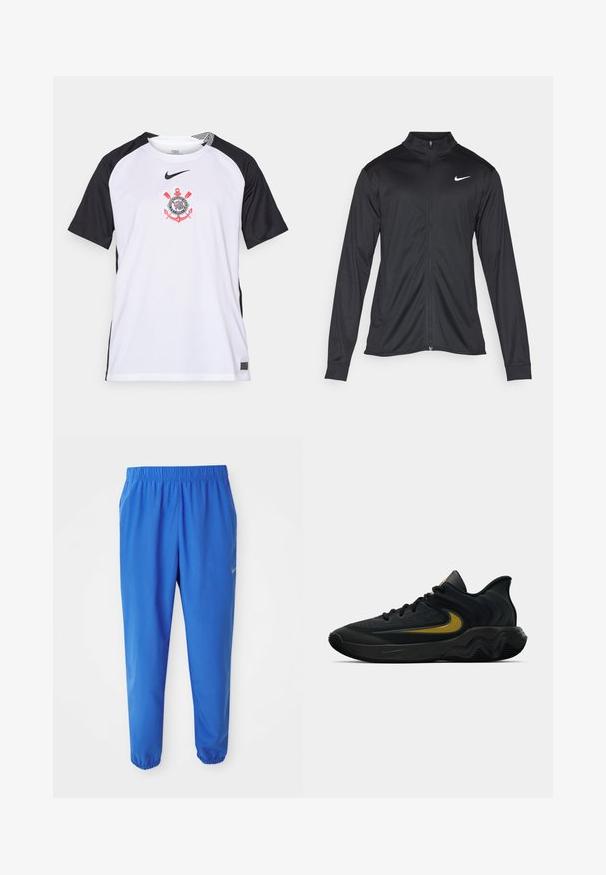 Jacket desportivo preto com mangas longas, colarinho e fecho zip completo. Apresenta um discreto logotipo da Nike em branco na parte superior do lado esquerdo do peito. Textura suave.; Camisa branca de manga curta com mangas pretas, apresentando um logótipo central com detalhes em vermelho. Feita de tecido respirável, ideal para desporto.; Calças de treino azuis com cintura elástica, design de perna reta e punhos ajustados. Apresenta o logótipo da Nike em dourado no lado esquerdo.; Tênis atlético preto e cinza escuro com cadarços pretos e logotipo swoosh dourado, apresentando um design de sola ondulada e colarinho acolchoado no calcanhar.