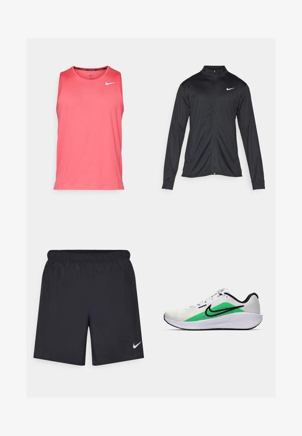 Black athletic jacket with long sleeves, collar, and full zipper. Features a subtle Nike logo in white on the upper left chest. Smooth texture.; Nike Performance MILER TANK - Top - aster pink/reflective silver; Black athletic shorts made of lightweight material with an elastic waistband. Features a small white Nike logo on the lower left side.; White athletic shoe with a green accent, black logo, mesh upper, cushioned sole, and a rounded heel. Features laces and contrast detailing.