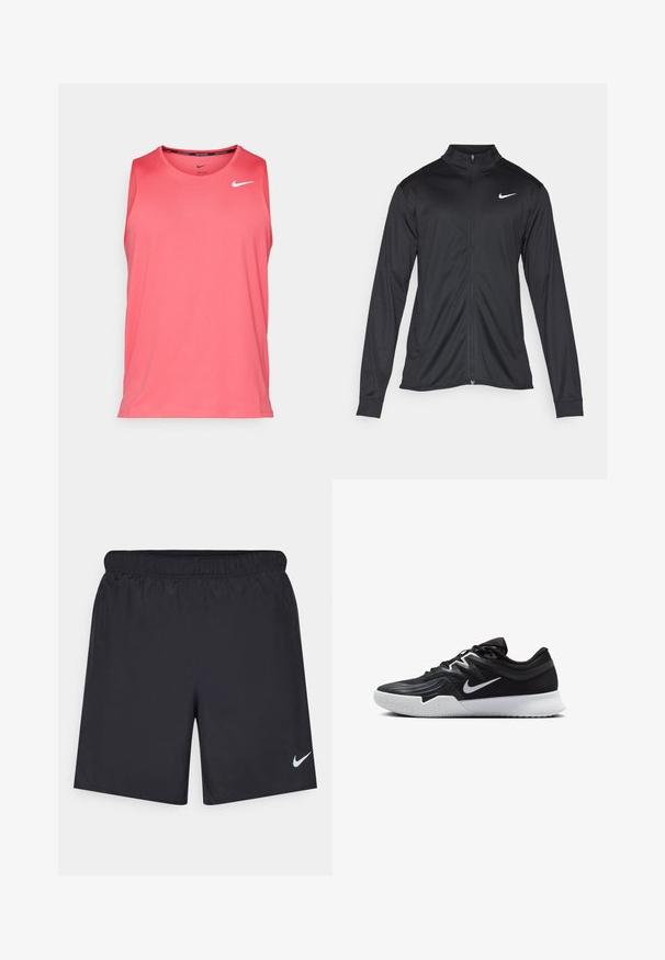Must värvi sportlik jakk pikkade varrukatega, krae ja täispikk tõmblukk. Ülemises vasakus rinnas on diskreetne valge Nike logo. Sile tekstuur.; Nike Performance MILER TANK - Topp - aster pink/reflective silver; Mustad mustikud lühikesed püksid, mis on valmistatud kergest materjalist ja millel on elastne vöökoht. Alumisel vasakul küljel on väike valge Nike logo.; Must mustad jalanikesad rikaste ülaservaga, valge Nike swoosh'i ja valge kummist välispõhjaga. Omab paeltega sulgemisdetaili ja dünaamilist kuju.