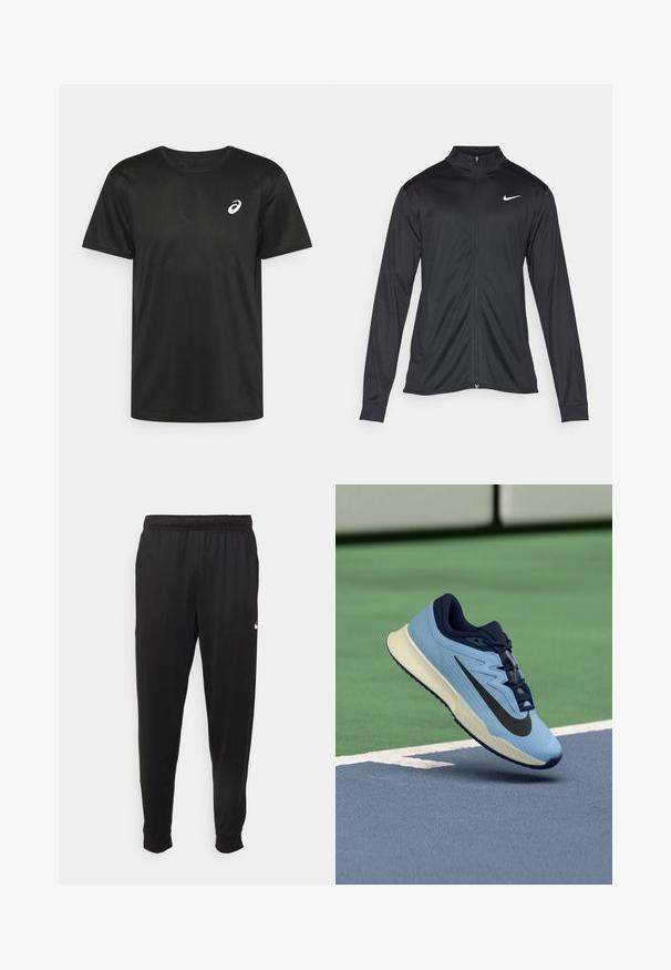 Svart idrettsjakke med lange ermer, krage og full glidelås. Har en subtil Nike-logo i hvitt på øvre venstre bryst. Glatt tekstur.; ASICS CORE TOP - T-skjorte til trening - performance black; Svarte treningsbukser laget av glatt stoff, med elastisk midje, smale ben og en liten hvit logo på venstre side.; Lys blå idrettssko med marineblå detaljer, teksturert mesh-overdel og svart Swoosh-logo. Har en polstret midtsåle og gummisåle.