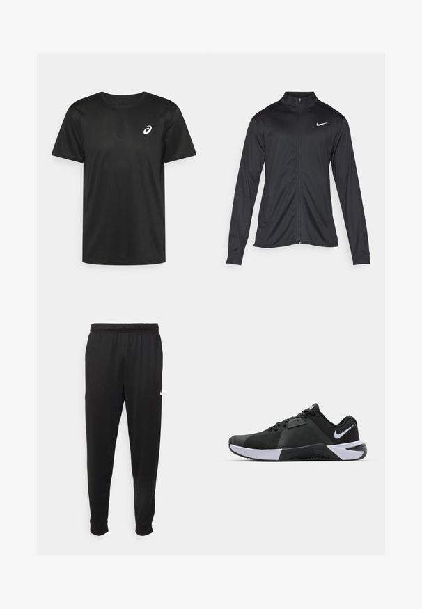 Must värvi sportlik jakk pikkade varrukatega, krae ja täispikk tõmblukk. Ülemises vasakus rinnas on diskreetne valge Nike logo. Sile tekstuur.; ASICS CORE TOP - Spordi T-särk - performance black; Mustad mustekad athletic-püksid sujuvast kangast, elastse vöökoha, kitsenevate jalgade ja väikese valge logoga vasakul küljel.; Nike Performance METCON 10 - Treeningjalatsid - black/white/anthracite