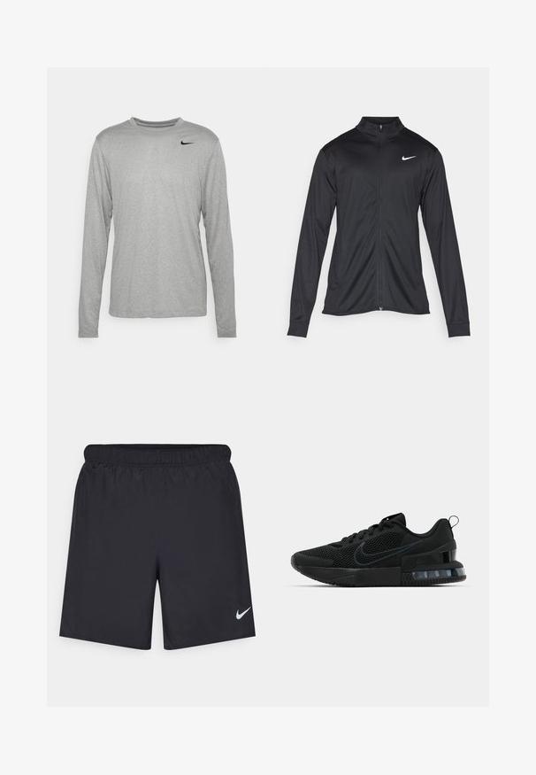 Schwarze Sportjacke mit langen Ärmeln, Kragen und voller Reißverschluss. Verfügt über ein dezentes Nike-Logo in Weiß auf der oberen linken Brust. Glatte Textur.; Graues Langarm-T-Shirt aus glattem Stoff, mit Rundhalsausschnitt und kleinem schwarzen Nike-Logo auf der oberen linken Seite.; Schwarze sportliche Shorts aus leichtem Material mit einem elastischen Bund. Auf der unteren linken Seite befindet sich ein kleines weißes Nike-Logo.; Schwarzer Nike Sportschuh mit einem Mesh-Obermaterial, gummierter Sohle, gepolstertem Kragen und einem auffälligen transparenten Fersenakzent.