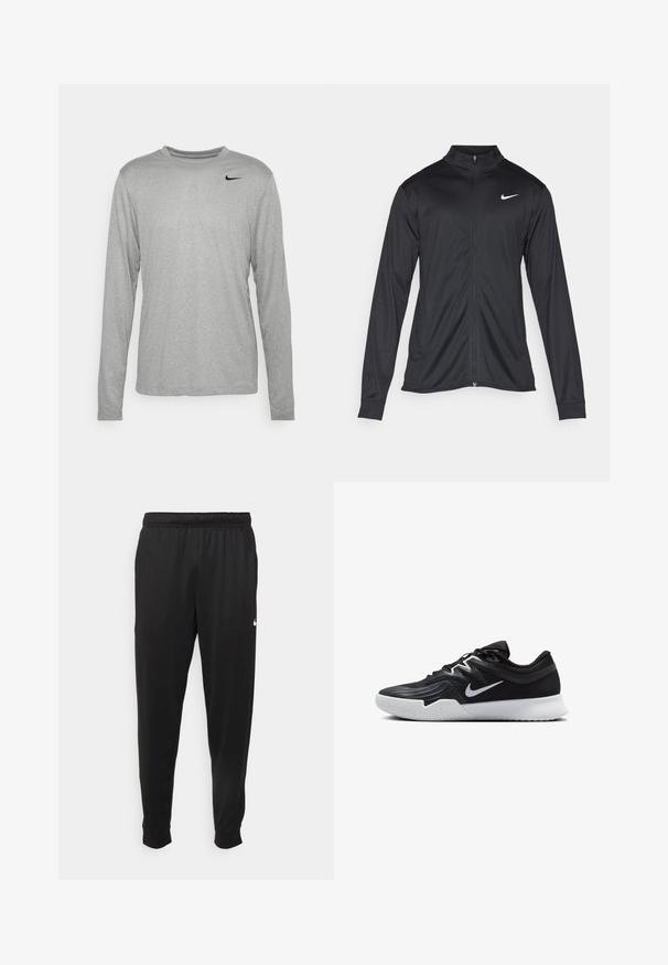 Schwarze Sportjacke mit langen Ärmeln, Kragen und voller Reißverschluss. Verfügt über ein dezentes Nike-Logo in Weiß auf der oberen linken Brust. Glatte Textur.; Graues Langarm-T-Shirt aus glattem Stoff, mit Rundhalsausschnitt und kleinem schwarzen Nike-Logo auf der oberen linken Seite.; Schwarze Sporthosen aus glattem Stoff, mit einem elastischen Bund, schmal zulaufenden Beinen und einem kleinen weißen Logo auf der linken Seite.; Schwarzer Sportschuh mit strukturiertem Obermaterial, weißem Nike-Warenzeichen und einer weißen Gummisohle. Verfügt über ein Schnürdesign und eine dynamische Form.