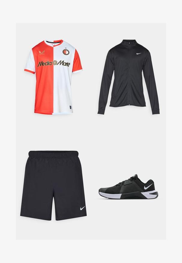 Črna atletska jakna z dolgimi rokavi, ovratnikom in polnim zadrgo. Vključuje diskreten bel Nike logotip na zgornjem levem delu prsnega koša. Gladka tekstura.; Rdeča in bela športna majica s kratkimi rokavi, z V-izrezom, logotipom in zlatim napisom "Media Markt". Narejena iz teksturiranega blaga.; Črne atletske kratke hlače iz lahkotnega materiala z elastičnim pasom. Imajo majhen bel Nike logo na spodnji levi strani.; Nike Performance METCON 10 - Trening copati - black/white/anthracite
