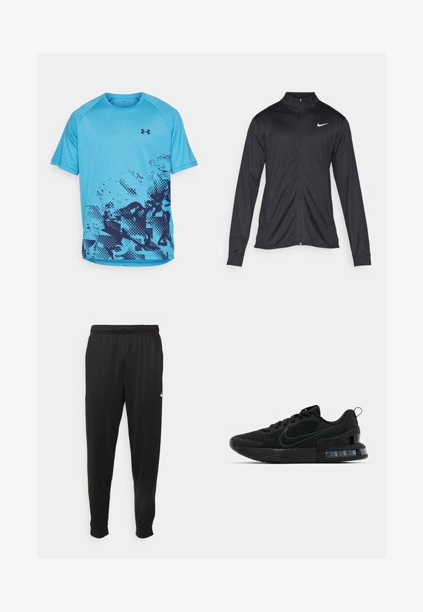 Svart idrettsjakke med lange ermer, krage og full glidelås. Har en subtil Nike-logo i hvitt på øvre venstre bryst. Glatt tekstur.; Lyseblå kortermet treningstrøye med navy blå abstrakt pikselert mønster på nedre front og Under Armour-logo på brystet.; Svarte treningsbukser laget av glatt stoff, med elastisk midje, smale ben og en liten hvit logo på venstre side.; Svart Nike treningssko med mesh-overdel, gummisåle, polstret krage og en distinkt gjennomsiktig hældetalj.