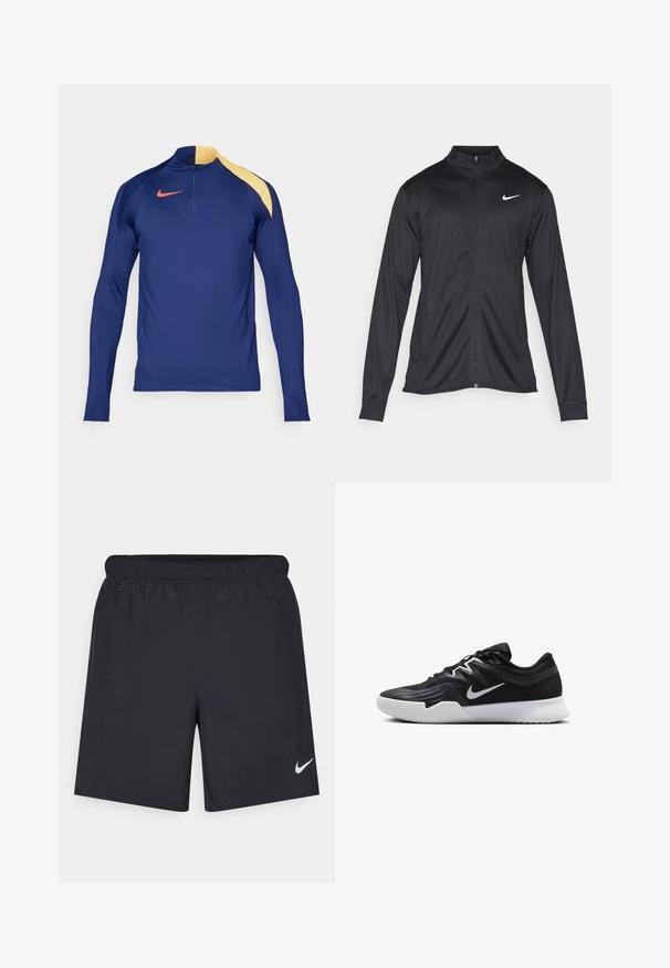 Jachetă sportivă neagră cu mâneci lungi, guler și fermoar complet. Prezintă un logo Nike subtil, alb, pe pieptul din stânga sus. Textură netedă.; Tricou sportiv cu mânecă lungă de culoare albastru marin, cu un accent galben pe umăr, guler cu fermoar până la jumătate și logo-ul roșu Nike swoosh pe piept.; Pantaloni scurți atletici negri, fabricați dintr-un material ușor, cu un talie elastică. Au un mic logo alb Nike în partea stângă jos.; Pantof sport negru cu un superior texturat, swoosh alb Nike și o tălpică din cauciuc alb. Dispune de un design cu șireturi și o formă dinamică.