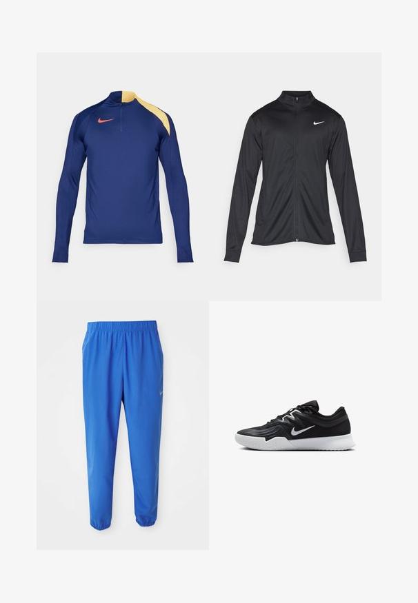 Svart idrettsjakke med lange ermer, krage og full glidelås. Har en subtil Nike-logo i hvitt på øvre venstre bryst. Glatt tekstur.; Marineblå langermet sportsgenser med gul skulderdetalj, halv-zip krage og rød Nike swoosh-logo på brystet.; Blå treningsbukser med elastisk midje, rett ben design og innsnevrede mansjetter. Har Nike-logo i gull på venstre side.; Svart treningssko med teksturert overdel, hvit Nike-swoosh og hvit gummisåle. Har snøring og en dynamisk form.