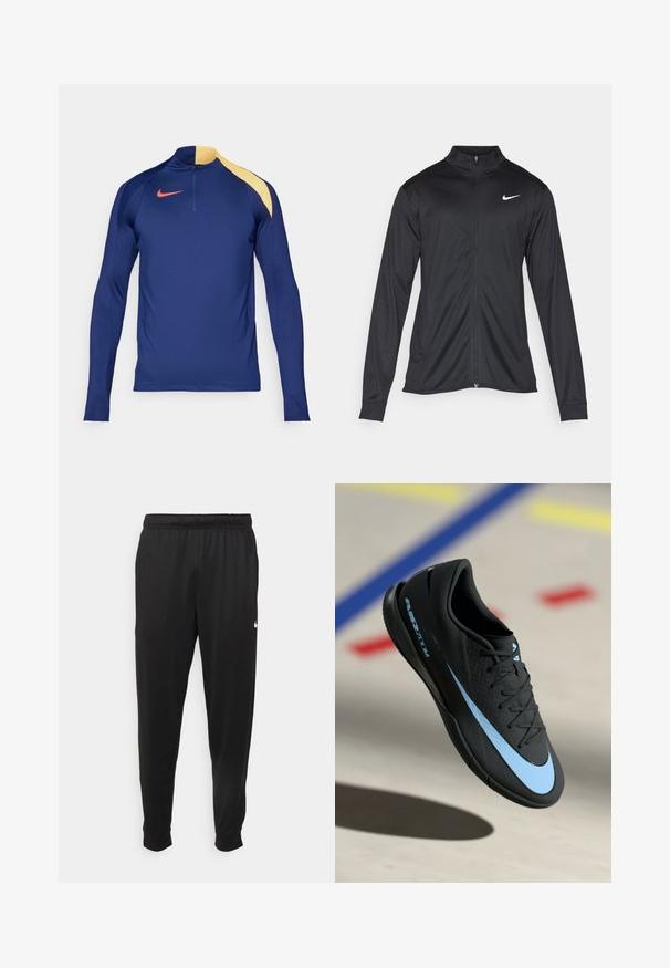Svart idrettsjakke med lange ermer, krage og full glidelås. Har en subtil Nike-logo i hvitt på øvre venstre bryst. Glatt tekstur.; Marineblå langermet sportsgenser med gul skulderdetalj, halv-zip krage og rød Nike swoosh-logo på brystet.; Svarte treningsbukser laget av glatt stoff, med elastisk midje, smale ben og en liten hvit logo på venstre side.; Svart treningstøvel med blå detaljer, teksturert overflate, snøring og særegen Nike-logo. Gummisåle med grep mønstre.