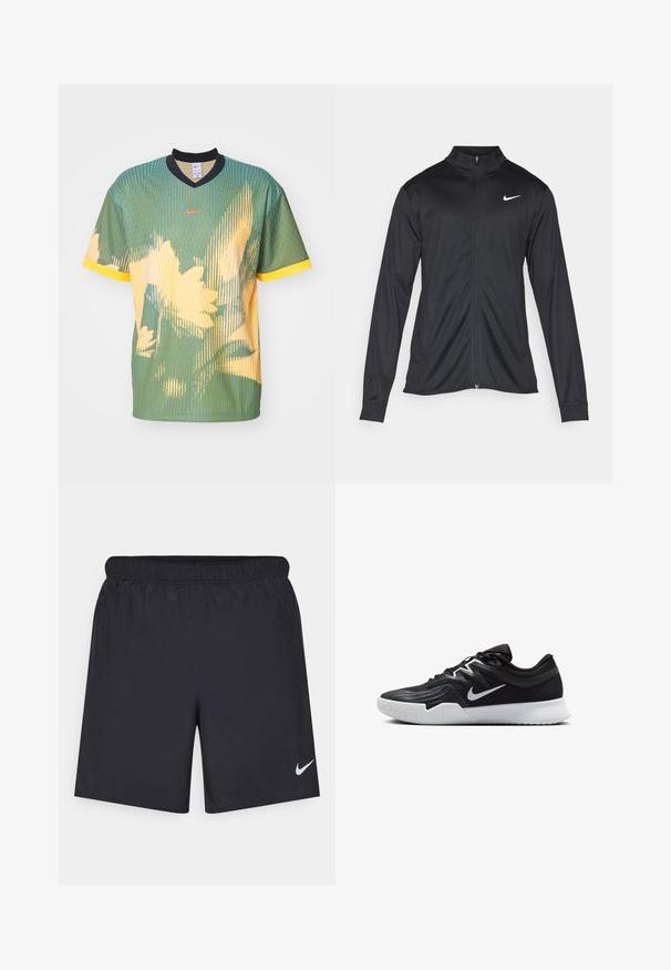 Čierna športová bunda s dlhými rukávmi, golierom a plným zipsom. Obsahuje nenápadné logo Nike v bielej farbe na hornej ľavej hrudi. Hladká textúra.; Nike Performance CULTURE OF FOOTBALL JERSEY - Športové tričko - bicoastal/black/sundial/bright crimson; Čierne atletické šortky z ľahkého materiálu s elastickým pásom. Na dolnej ľavej strane majú malé biele logo Nike.; Čierna športová topánka s textúrovaným zvrškom, bielym logom Nike a bielou gumovou podrážkou. Má šnurovací dizajn a dynamický tvar.