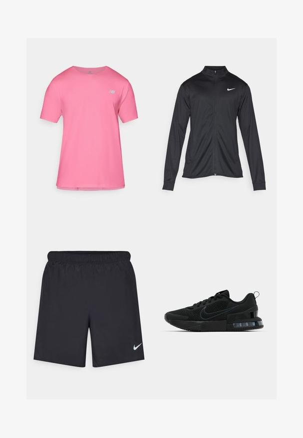 Jachetă sportivă neagră cu mâneci lungi, guler și fermoar complet. Prezintă un logo Nike subtil, alb, pe pieptul din stânga sus. Textură netedă.; Tricou sportiv roz cu guler rotund, mâneci scurte și un logo reflectorizant pe piept. Material neted și ușor.; Pantaloni scurți atletici negri, fabricați dintr-un material ușor, cu un talie elastică. Au un mic logo alb Nike în partea stângă jos.; Pantofii atletici negri Nike au un superior din plasă, talpă din cauciuc, guler căptușit și un accent distinct transparent în călcâi.