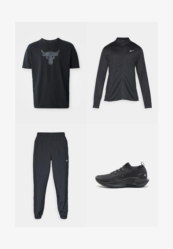 Fekete sportdzseki hosszú ujjal, gallérral és teljes cipzárral. Diszkrét fehér Nike logóval az upper bal mellen. Sima textúra.; Fekete, rövidujjú pamut póló, a mellrészen texturált szürke bika logóval. Kerek nyakú, megerősített varrással.; Fekete sportnadrág könnyű anyagból, rugalmas derékkel és bokacsatokkal, a bal oldalon egy diszkrét Nike logóval.; Fekete sportcipő, texturált hálós felsőrésszel, beépített fűzős megoldással és párnázott talppal. Finom márkázással és sarokfogó húzóval rendelkezik.