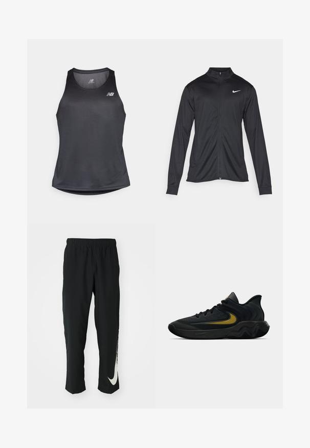 Giacca sportiva nera con maniche lunghe, colletto e zip completa. Presenta un logo Nike in bianco sulla parte superiore del lato sinistro del petto. Tessuto morbido.; Top sportivo nero in tessuto traspirante, con scollatura rotonda e una sottile trama a coste, decorato da un logo bianco sul petto.; Pantaloni sportivi neri con cintura elasticizzata, design affusolato, caratterizzati da un grande logo Nike bianco sulla gamba sinistra. Tessuto morbido e leggero.; Scarpa da ginnastica nera e grigia scura con lacci neri e logo swoosh dorato, caratterizzata da un design della suola ondulato e un colletto del tallone imbottito.