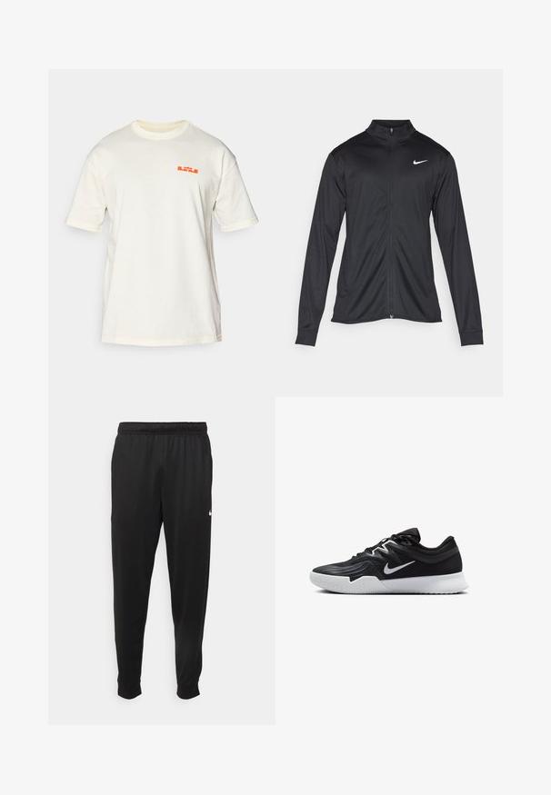 Black athletic jacket with long sleeves, collar, and full zipper. Features a subtle Nike logo in white on the upper left chest. Smooth texture.; Cream short-sleeve t-shirt made of cotton, featuring a small orange graphic design on the left chest. Classic crew neckline and relaxed fit.; Black athletic pants made of smooth fabric, featuring an elastic waistband, tapered legs, and a small white logo on the left side.; Black athletic shoe with a textured upper, white Nike swoosh, and a white rubber outsole. Features a lace-up design and dynamic shape.
