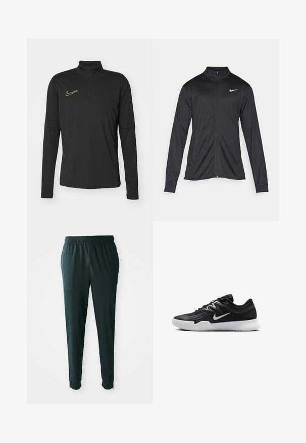 Juodas sportinis švarkas su ilgomis rankovėmis, apykakle ir pilnu užtrauktuku. Yra subtilus baltas Nike logotipas kairėje krūtinės pusėje. Lygus tekstūra.; Juodas ilgomis rankovėmis puloveris su ketvirčio užtrauktuku, ant krūtinės yra auksinė Nike logotipas. Pagamintas iš lygaus, tamprios medžiagos.; Tamsiai žali, lengvi sportiniai kelnių su elastingu juosmeniu, šoninėmis kišenėmis ir kulkšninių užtrauktukų, leidžiančių pritaikyti dydį; lygus paviršius.; Juodos sportinės bateliai su tekstūruota viršutine dalimi, balta Nike swoosh ir balta gumine išorine dalimi. Yra su raištelių užsegimo dizainu ir dinamine forma.