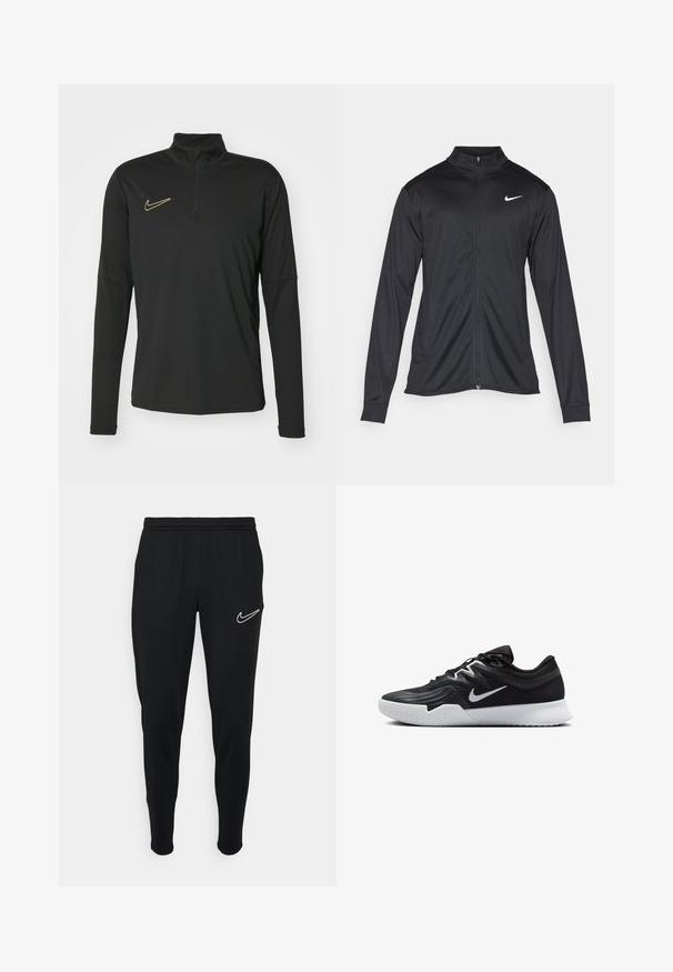 Schwarze Sportjacke mit langen Ärmeln, Kragen und voller Reißverschluss. Verfügt über ein dezentes Nike-Logo in Weiß auf der oberen linken Brust. Glatte Textur.; Schwarzer Langarmpullover mit einem Viertelreißverschluss-Kragen und einem goldenen Nike-Logo auf der Brust. Hergestellt aus einem glatten, dehnbaren Stoff.; Schwarze sportliche Jogginghosen mit elastischem Bund, slim fit und weißem Nike-Logo auf der linken Seite. Weicher Stoff mit glatter Textur.; Schwarzer Sportschuh mit strukturiertem Obermaterial, weißem Nike-Warenzeichen und einer weißen Gummisohle. Verfügt über ein Schnürdesign und eine dynamische Form.