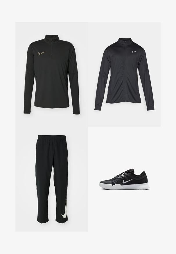 Jacket desportivo preto com mangas longas, colarinho e fecho zip completo. Apresenta um discreto logotipo da Nike em branco na parte superior do lado esquerdo do peito. Textura suave.; Pullover preto de mangas longas com gola de fecho de quartzo, apresentando um logo dourado da Nike no peito. Feito de um tecido liso e elástico.; Calças atléticas pretas com cintura elástica, design afunilado, apresentando um grande logótipo branco da Nike na perna esquerda. Tecido macio e leve.; Sapatilha atlética preta com um cabedal texturizado, swoosh branco da Nike e uma sola de borracha branca. Apresenta um design com atacadores e uma forma dinâmica.