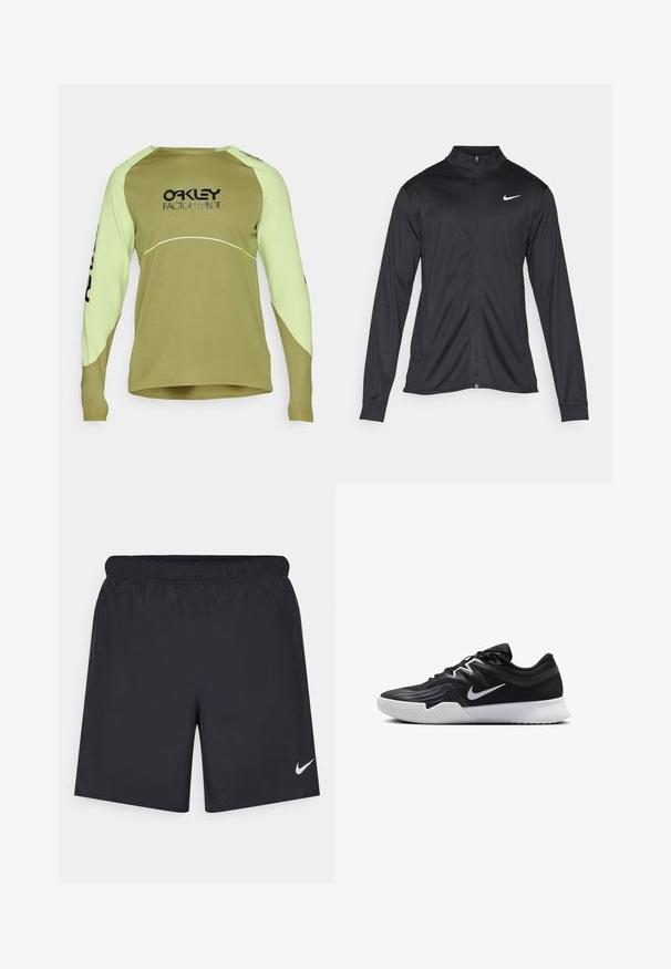 Schwarze Sportjacke mit langen Ärmeln, Kragen und voller Reißverschluss. Verfügt über ein dezentes Nike-Logo in Weiß auf der oberen linken Brust. Glatte Textur.; Oakley MAVEN SCRUB - Langarmshirt - fern; Schwarze sportliche Shorts aus leichtem Material mit einem elastischen Bund. Auf der unteren linken Seite befindet sich ein kleines weißes Nike-Logo.; Schwarzer Sportschuh mit strukturiertem Obermaterial, weißem Nike-Warenzeichen und einer weißen Gummisohle. Verfügt über ein Schnürdesign und eine dynamische Form.