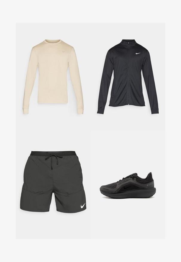 Musta urheilutakki pitkillä hihoilla, kauluksella ja kokonaisella vetoketjulla. Täydentää hienovarainen Nike-logo valkoisena vasemmassa ylärinnassa. Litteä pinta.; Beige pitkähihaine Nike t-paita pyöreällä kaula-aukolla ja pienellä logolla vasemmassa yläkulmassa. Sujuvaa kangasta, jossa on istuvat hihansuut.; Mustat juoksushortsit, joissa on joustava vyötärö, nyöri, sivutaskut ja valkoinen Nike-logo vasemmassa alareunassa.; Musta urheilukenkä, jossa on teksturoitu tikattu päällinen, tyylikäs muotoilu ja musta kumipohja. Varustettu näkyvällä logolla ja Gore-Tex -merkillä.