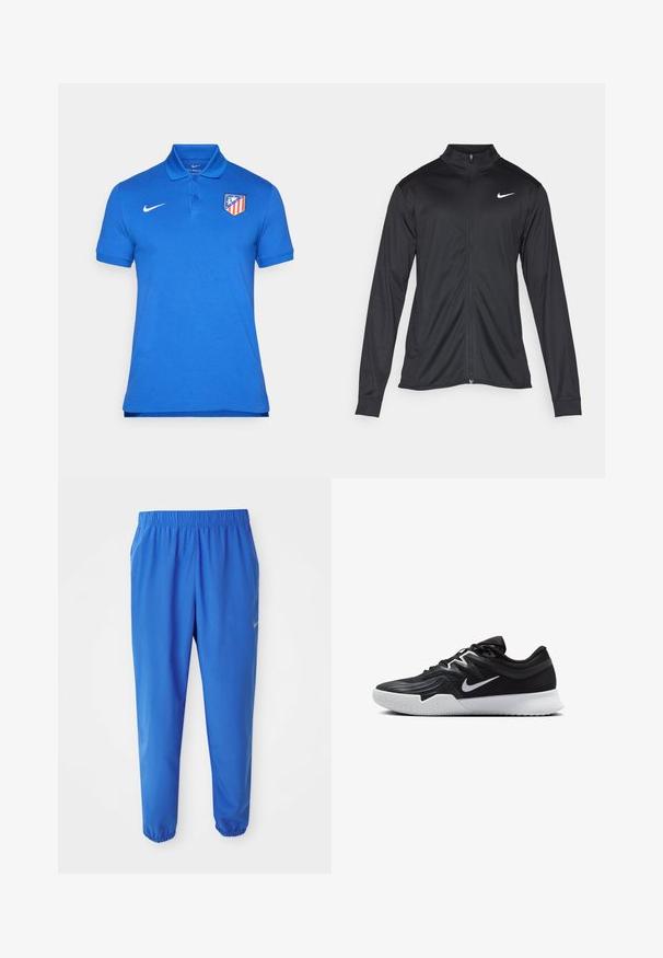 Czarna sportowa kurtka z długimi rękawami, kołnierzem i pełnym zamkiem. Posiada subtelne logo Nike w białym kolorze na lewej górnej części klatki piersiowej. Gładka tekstura.; Niebieska koszulka polo wykonana z bawełny, z kołnierzykiem, zapięciem na trzy guziki, krótkimi rękawami i czerwono-żółtym logiem klubu na lewej piersi.; Niebieskie spodenki sportowe z elastycznym paskiem, prostym krojem nogawki i zwężanymi mankietami. Zawierają złote logo Nike po lewej stronie.; Czarne buty sportowe z teksturowaną cholewką, białym logo Nike i białą gumową podeszwą. Charakteryzują się sznurowanym zapięciem i dynamicznym kształtem.