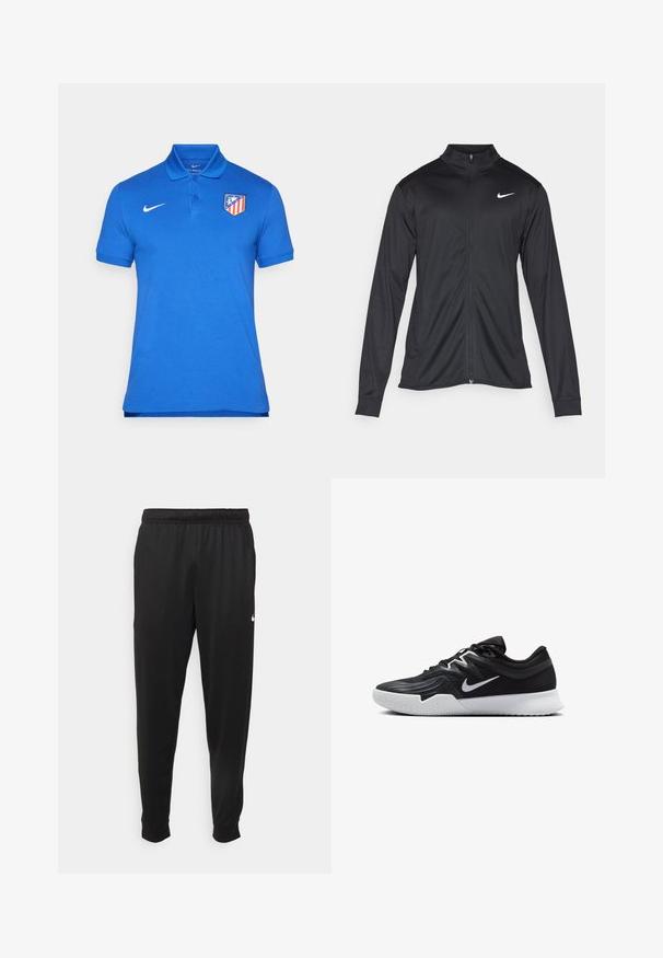 Melna sporta jaka ar garām piedurknēm, apkakli un pilnu rāvējslēdzēju. Uz kreisā krūts augšdaļas ir maigs Nike logo baltā krāsā. Gluda tekstūra.; Zils polo krekls, kurš izgatavots no kokvilnas, ar apkakli, trīs pogām, īsām piedurknēm un sarkano un dzelteno kluba logo kreisajā krūtīs.; Melnas sporta bikses, kas izgatavotas no gludas auduma, ar elastīgu jostu, sašaurinošām kājām un mazu balto logo kreisajā pusē.; Melni sporta apavi ar teksturētu virsu, balto Nike zulumu un balto gumijas zoli. Iezīmējas ar auklu pievilkšanas dizainu un dinamisku formu.