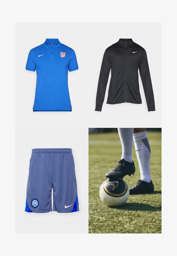 Zwarte sportjack met lange mouwen, kraag en volle rits. Voorzien van een subtiele Nike-logo in het wit op de bovenste linkerborst. Soepele textuur.; Blauwe polo gemaakt van katoen, met een kraag, een drieknoopssluiting, korte mouwen en een rood en geel clublogo op de linkerkant van de borst.; Grijze sportshorts met een blauwe zijpaneel, voorzien van een zwart en blauw logo op het linkerpoot en een witte Nike swoosh aan de rechterkant.; Zwarte voetbalschoen op een wit en zwart gemusterd voetbals, rustend op groen gras. De schoen heeft een gestructureerd materiaal en veters.