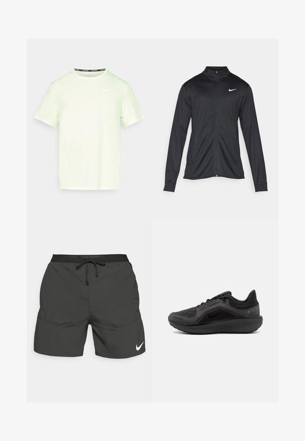 Černá sportovní bunda s dlouhými rukávy, límcem a plným zipem. Má decentní bílou logo značky Nike na horní levé části hrudi. Hladká textura.; Světle zelené tričko Nike s krátkým rukávem, kulatým výstřihem a malým bílým logem na hrudi. Hladká, lehká tkanina.; Černé běžecké šortky s elastickým pasem, stahovací šňůrkou, bočními kapsami a bílým logem Nike na dolní levé noze.; Černá sportovní bota s texturovaným prošívaným svrškem, elegantním designem a černou gumovou podrážkou. Obsahuje viditelné logo a značku Gore-Tex.