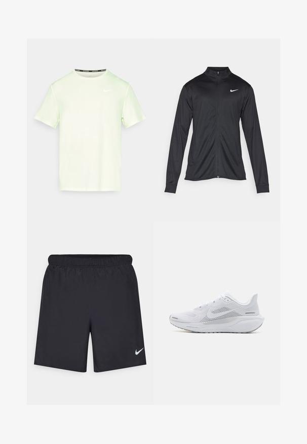 Svart idrottsjacka med långa ärmar, krage och full dragkedja. Har en diskret Nike-logga i vitt på övre vänstra bröstet. Slät yta.; Ljusgrön Nike t-shirt med korta ärmar, rund halsringning och en liten vit logotyp på bröstet. Slätt och lätt tyg.; Svarta träningsshorts gjorda av lätt material med elastisk midja. Har en liten vit Nike-logotyp på nedre vänstra sidan.; Vit sportskor med ovandel i mesh, släta texturerade överlager, grå accenter, snören och en vadderad sula designad för prestanda.